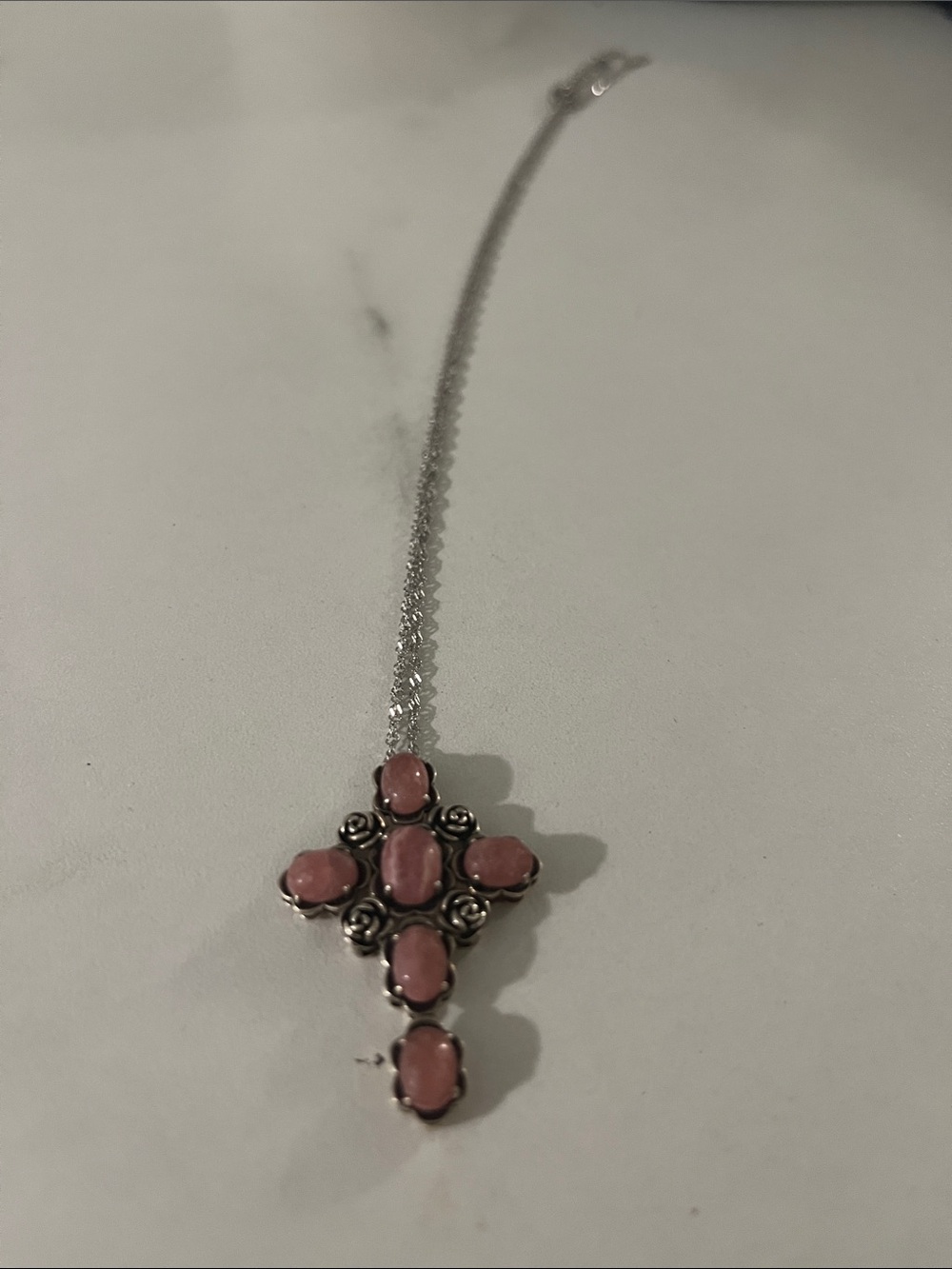 Sterling Silver Pink Stone Cross Pendant Necklace